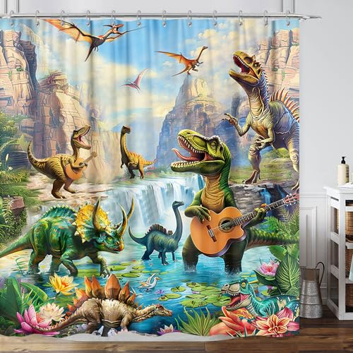 GOAOK Lustiger Dinosaurier-Duschvorhang, tropischer Wald, Safari, Animlas, süßer Dino-Trex-Duschvorhang für Kinder, Jungen, Männer, Badezimmer, dekorativer Kunstvorhang, Stoff, 12 Stück, von GOAOK