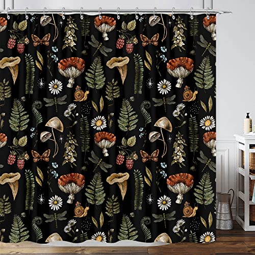 GOAOK Vintage Pilz Boho Duschvorhang, Magische Fee Hexe Wald Natur Pflanze Duschvorhang Set, Hippie Botanische Blumen Ästhetik Stoff Wasserdicht Duschvorhang 182,9 x 182,9 cm Schwarz von GOAOK