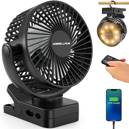 GOBRILLFUN 15,2 cm (6 Zoll) 12000 mAh Clip Ventilator Akku mit Fernbedienung, USB wiederaufladbar mit LED-Lichtern, 3 Geschwindigkeiten, batteriebetriebener Ventilator mit Timer (tiefschwarz) von GOBRILLFUN
