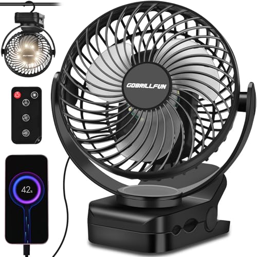 GOBRILLFUN Akku-Clip-Ventilator mit Fernbedienung, 9 LED-Leuchten, 6-Zoll-USB-aufladbarer Ventilator mit 3 Geschwindigkeiten, tragbarer persönlicher für Zuhause, Büro, Wohnmobil, Camping im Freien von GOBRILLFUN