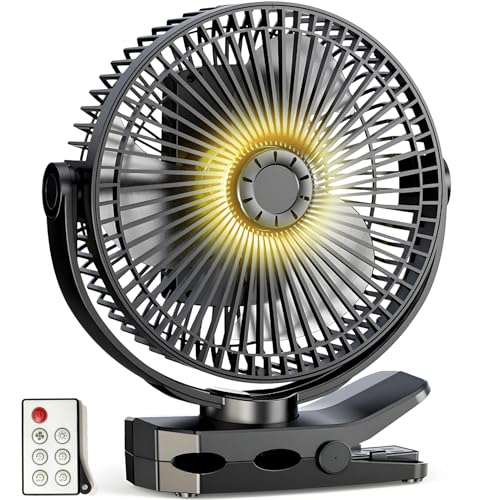 GOBRILLFUN 8.2 Zoll Clip Ventilator Akku mit Fernbedienung – 12000 mAh Mini USB Tragbarer Ventilator, 3+1 Geschwindigkeiten, Timer, LED-Licht – Leise für Büro, Camping, Reisen und Growbox von GOBRILLFUN
