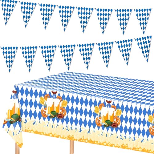 GOCUODE BayernStyle Oktoberfest Tischläufer Set 137x274cm mit 2 PCS 13m Wimpelketten 20x28cm, Blau Weiß Rautenmuster Komplettset für Bierzelt Hausgarten Wiesn Party (Tischtuch*1,Banner*2) von GOCUODE