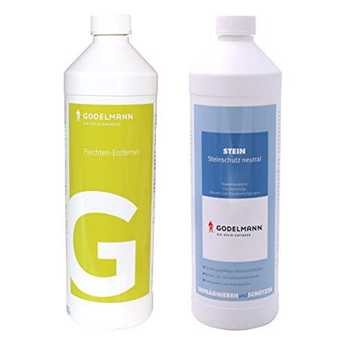 Set GODELMANN Steinimprägnierung + Flechten-Entferner | imprägniert Betonsteine, Pflastersteine & Terrassenplatten und entfernt Flechten und Grünbeläge | 2 x 1,0 l von GODELMANN