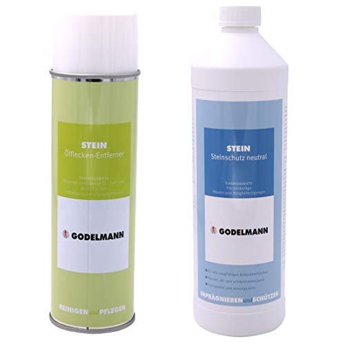 Set GODELMANN Steinimprägnierung + Ölfleckenentferner | imprägniert Betonsteine, Pflastersteine & Terrassenplatten und entfernt Öl-, Fett- und Wachsflecken | 1,0 l + 0,5 l von GODELMANN