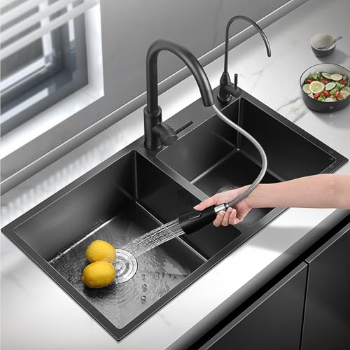 GODFSAHG Edelstahlspüle Schwarz Doppelspüle Moderne Spüle 2 Becken Küchenspüle Rechteckige Multifunktions-Einbauspüle mit Korbfilter und ausziehbarem Wasserhahn von GODFSAHG