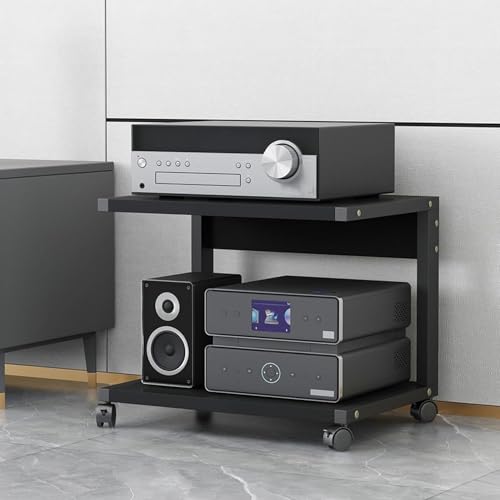 GODFSAHG Moderner 2-stöckiger Druckerständer mit Rädern, AV-Medienkonsolenregal für Wohnzimmer, Holzspeicherregale für Stereo-Racks und -Ständer, Audio-Tower, Entertainment-Center mit Eck-Design von GODFSAHG