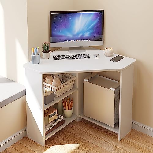 GODFSAHG Moderner weißer dreieckiger Eckschreibtisch mit Regalen und CPU-Ständer für kleines Heimbüro, kompakter Arbeitsplatz für begrenzten Platz (67 x 67 x 74 cm) von GODFSAHG