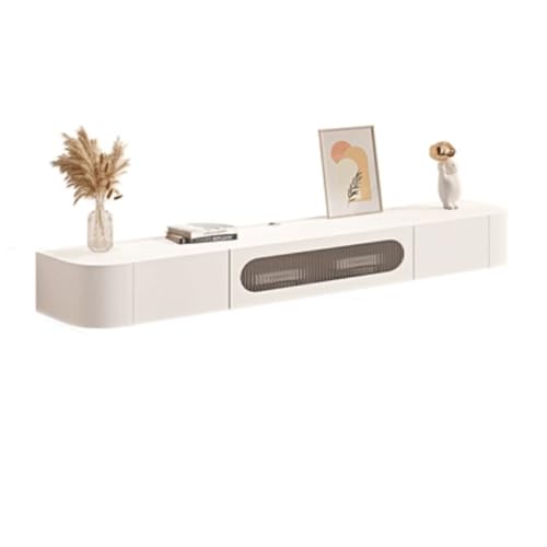 GODFSAHG TV-Ständer aus Holz, schwimmender TV-Ständer mit Glastür, modernes Wand-Unterhaltungszentrum mit 2 Schubladen, komplett montiert, 160 cm (70,8 Zoll), Wohnzimmermöbel (weiß, 160 x 20 x 24 cm) von GODFSAHG