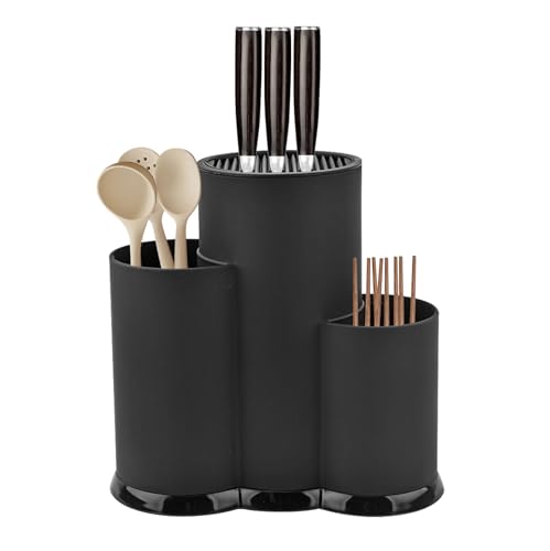 GOEDCH 3 in 1 Messerblock Ohne Messer: 23 X 22cm Schwarz Universal Runder Messerblockhalter, Utensilienhalter Messerblock Leer, Messerblockhalter Unbestückt Küchenbesteck für Küchenmesser Geeignet von GOEDCH
