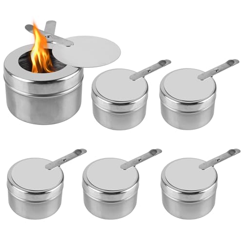 GOEDCH Brennpasten Behälter: 6 Stück Pastenbrenner aus Edelstahl, Tragbarer Fondue Brenner mit Griff, Brenngel, Alkoholbrenner mit Abdeckung für Buffets, Grillpartys, Hot Pot, Outdoor, Camping von GOEDCH