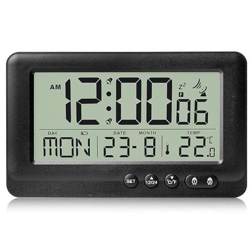 GOEDCH Digitaler Funkwecker mit Licht: Reisewecker, Funkuhr Automatische, Digitaler Wecker mit Zwei Unabhängige Wecker, Thermometer, Datumsanzeige, Hintergrundbeleuchtung,Datum,Woche (Ohne Akku) von GOEDCH