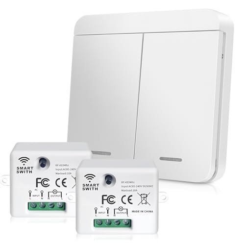 GOEDCH Drahtlos Schalter mit Empfänger: Funk-Schalter Set, Funk-Wandschalter, Funkschalter Licht, mit 2 Empfänger Bis 50m Reichweite für Lampe Innen Außenbereich, Büros und im Freien von GOEDCH