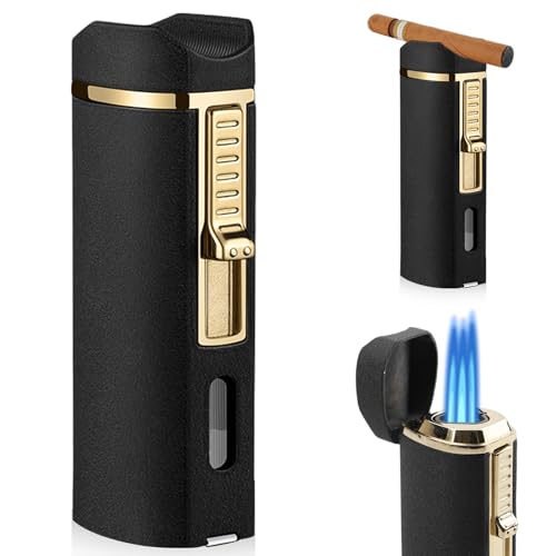 GOEDCH Dreifach Jet Flamme Sturmfeuerzeug: Metall-Zigarrenfeuerzeug mit Winddichter Stanzhalter, Nachfüllbar Butan Gas, Premium Feuerzeug für Outdoor/Grillen/Camping (84 x 23 x 30mm) von GOEDCH