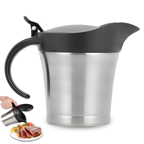 GOEDCH Edelstahl Thermo Sauciere 450ML: Doppelt Isoliert mit Klappdeckel Soßenkanne, Isolierter Saucenbehälter mit Henkel zum Servieren von Soße Vanillesoße Sahne Hause oder auf Dinnerpartys von GOEDCH