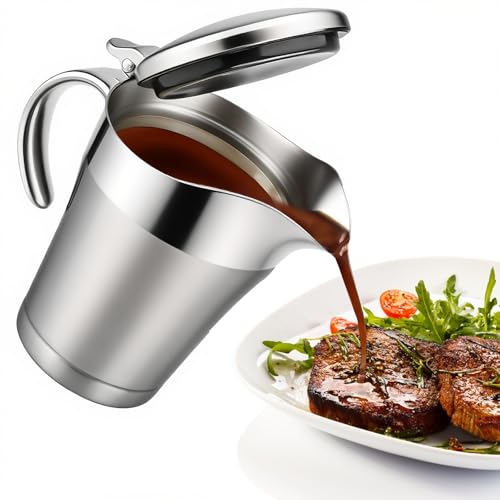 GOEDCH Edelstahl Thermo Sauciere 450ML: Doppelt Isoliert mit Klappdeckel Soßenkanne, Isolierter Saucenbehälter mit Henkel zum Servieren von Soße Vanillesoße Sahne Hause oder auf Dinnerpartys von GOEDCH