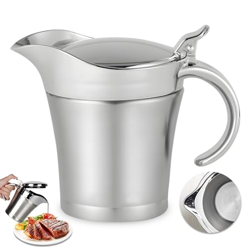 GOEDCH Edelstahl Thermo Sauciere 450ml: Doppelt Isolierte Saucenkanne mit Klappdeckel und Henkel, Eleganter Silberner Saucenkrug Doppelwandig Soßenkanne für Servieren von Soße, Vanillesoße, Sahne von GOEDCH