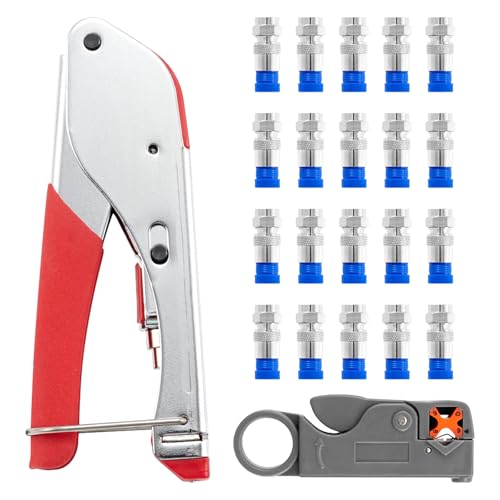 GOEDCH Kompressionszange Set: F Typ Crimpzange Abisolierwerkzeug mit 20 Stück Kompressions F Stecker und rotierendem Koaxialkabelschneider, Koaxialkabel-Crimper-Set für SAT Kabel, Koaxialkabel von GOEDCH