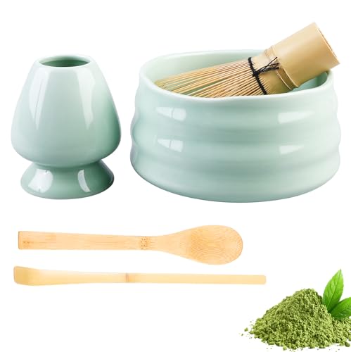 GOEDCH Matcha Teeset: Manuelles Matcha Set mit Matcha-Schneebesen, mit 2 Matcha Löffel, Matcha Schneebesen Ständer, Matcha Pulverbehälter, Matcha Teezeremonie Set für die Matcha Zeremonie (Grün) von GOEDCH