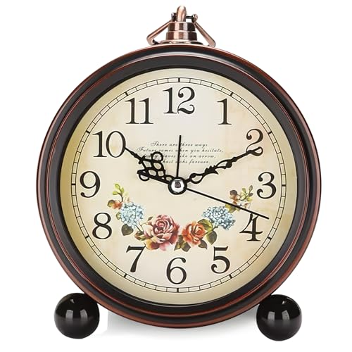 GOEDCH Retro Wecker Analog: 5,3 Zoll Blumen Klassische Retro Tischuhr Europäischen, Retro Wecker, Metall Retro Lautlos Nachttisch Tischuhr, Kein Ticken & Lauter Alarm für Wohnzimmer, Schlafzimmer von GOEDCH