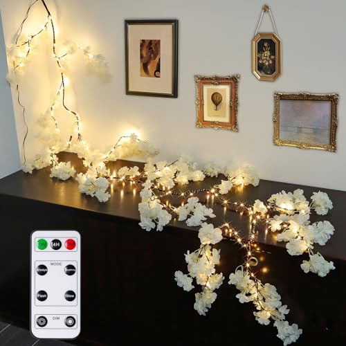 Weide Rebe mit Fernbedienung, 7.8ft beleuchtete Kirschblüte Weide Rebe, 150 LEDs Blumen Frühling Girlande Lichter, künstliche Pflanzen Baum Rebe Lichter für Wände Schlafzimmer Wohnzimmer Dekor von GOESWELL