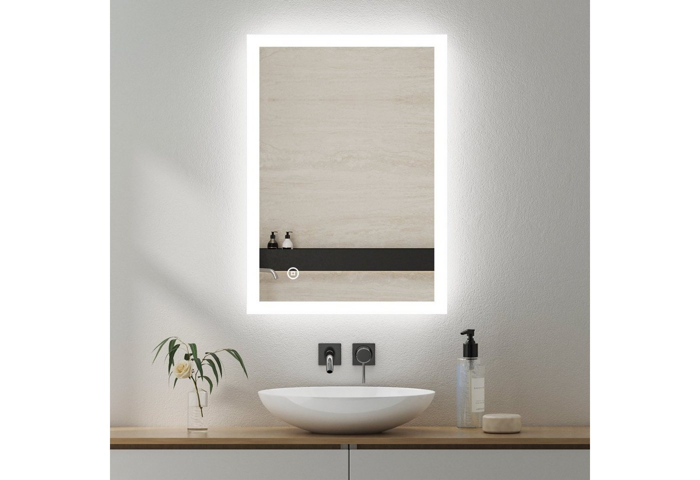 WDWRITTI Badspiegel Badezimmerspiegel mit Beleuchtung LED Wandspiegel 60x40cm (Speicherfunktion, Touch/Wandschalter), 3 Lichtfarben mit Dimmbarer Helligkeit,Warmweiß / Neutral / Kaltweiß von WDWRITTI