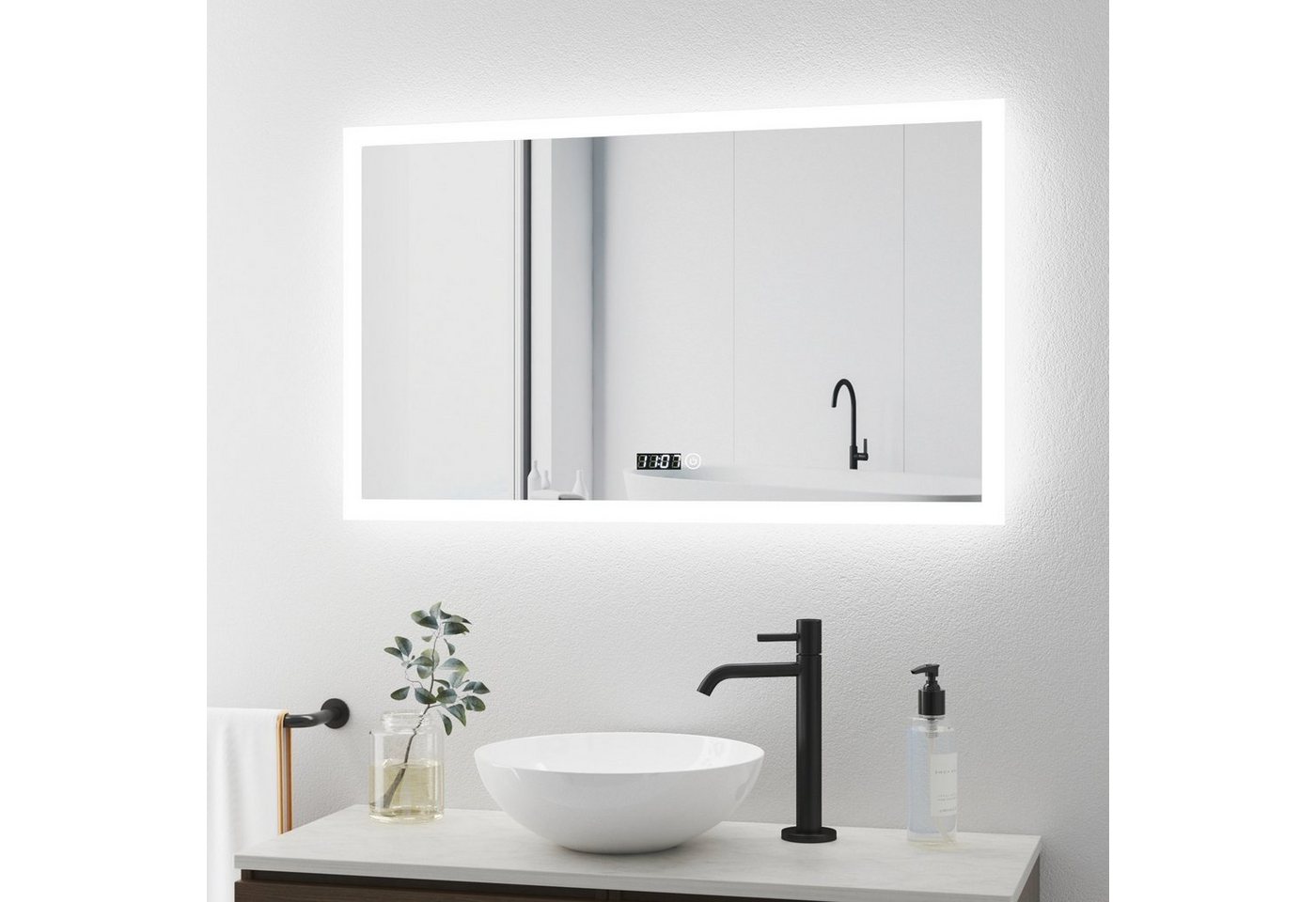 WDWRITTI Badspiegel Badspiegel mit Beleuchtung LED Wandspiegel mit 3 Lichtfarben 100x60cm (Umgeben von einem mattierten, beleuchteten Band, , Touch/Wandschalter, 5 mm kupferfreier und bleifreier Spiegel), 3 dimmbare Lichtfarben,Speicherfunktion von WDWRITTI
