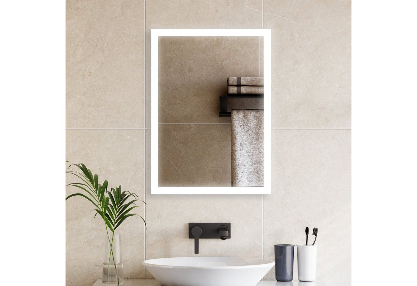 WDWRITTI Badspiegel Badspiegel mit Beleuchtung mit 60x40 cm (Rahmen aus Aluminiumlegierung, Wandschalter), Kaltweiß-6500K,5mm umweltfreundlicher kupferfreier Spiegel von WDWRITTI