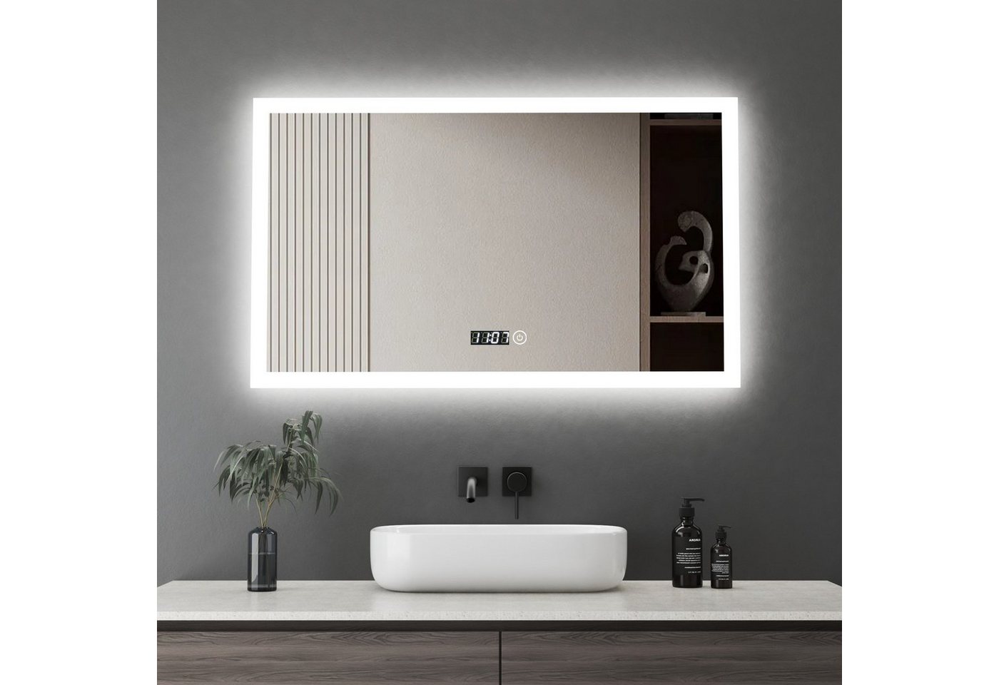WDWRITTI Badspiegel Led Touch Uhr 100x60 cm Wandspiegel Badezimmerspiegel mit beleuchtung (Bad Led Spiegel Wandschalter, Speicherfunktion, Helligkeit dimmbar, 3 Lichtfarbe), 6500K, 4000K, 3000K, energiesparender von WDWRITTI