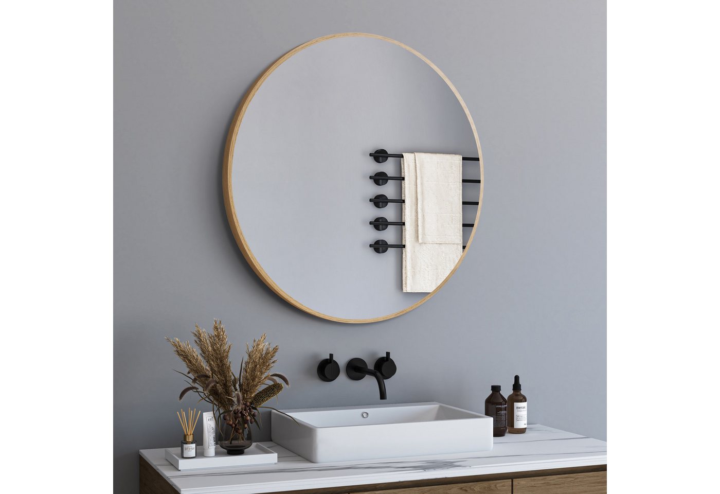GOEZES Badspiegel Rund Rundspiegel 60 50 cm Wandspiegel mit Alurahmen Holzfarben (Spiegel Bad Holz Farben, 5mm HD Glas), mit Sicherheitsfolie von GOEZES