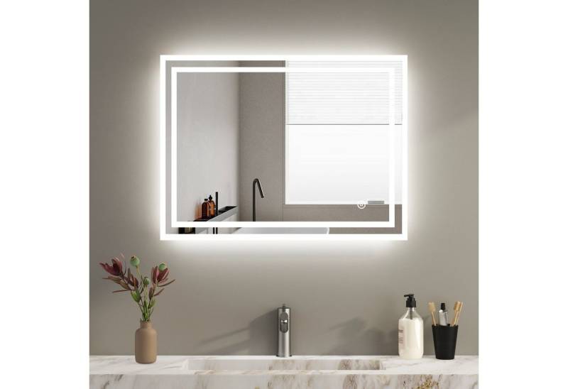 WDWRITTI Badspiegel Spiegel Bad mit beleuchtung 80x60 Led Touch Wandschalter mit ohne Uhr (Wandspiegel Speicherfunktion, Warmweiß, Kaltweiß, Neutral), Helligkeit Dimmbar von WDWRITTI