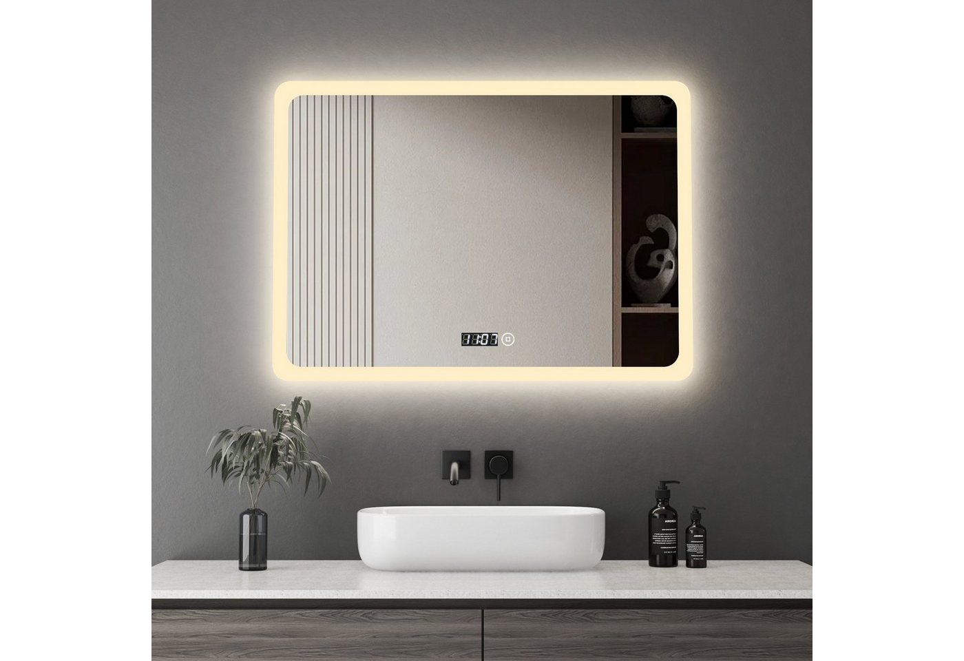 WDWRITTI Badspiegel Spiegel Bad mit beleuchtung 80x60 Led Touch Wandschalter mit ohne Uhr (Wandspiegel Speicherfunktion, Warmweiß, Kaltweiß, Neutral), Helligkeit Dimmbar von WDWRITTI