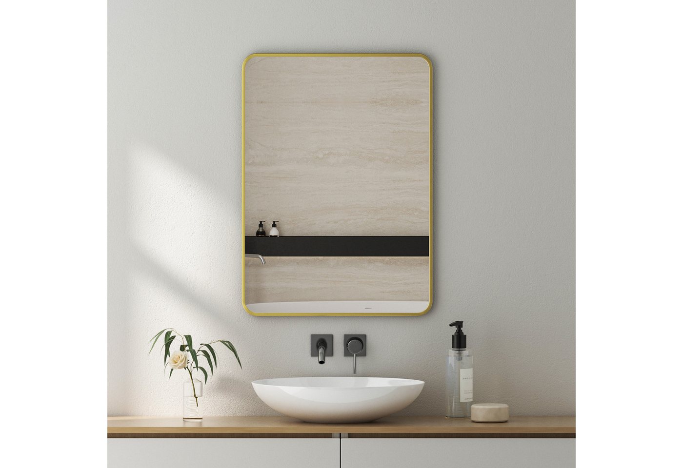 GOEZES Badspiegel Spiegel Gold 80x60 50x70 40x60 Wandspiegel mit Alurahmen (Badezimmerspiegel, rechteckig), 5mm Glas, 4 Installationsmethoden von GOEZES