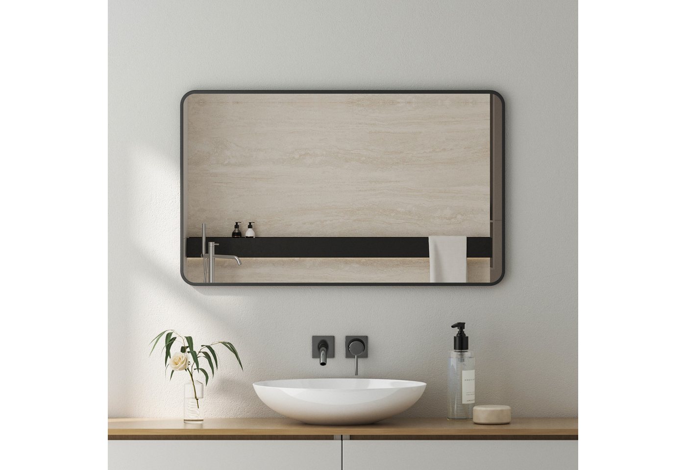 GOEZES Badspiegel Spiegel groß Schwarz 100x60cm Wandspiegel mit Metall Alu Rahmen (Badezimmerspiegel 5mm Bleifreier Spiegel, mit Metall Haken), 4 Installationsmethoden von GOEZES