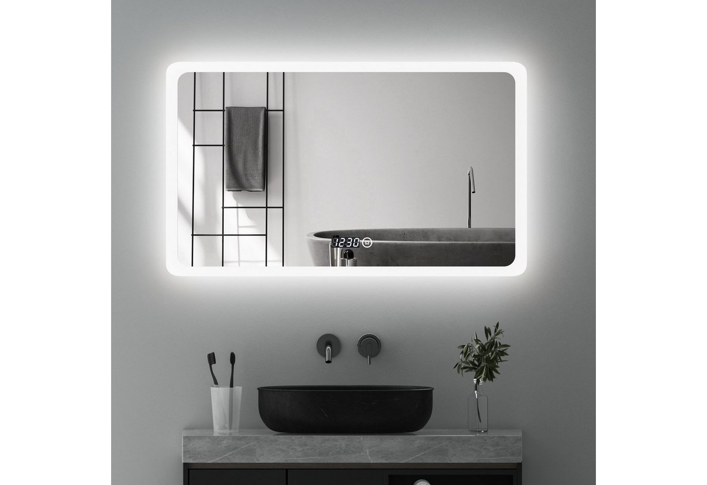 WDWRITTI Badspiegel mit Beleuchtung 100x60 Touch Uhr Spiegel Wandspiegel groß Led (Wandschalter auswählbar, 3Lichtfarben, Helligkeit dimmbar), HD Bleifreier Spiegel, Energiesparend, IP44 von WDWRITTI