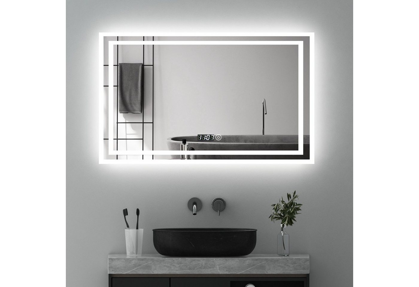 WDWRITTI Badspiegel mit Beleuchtung und Uhr Touch Spiegel groß Wandspiegel Led 100x60 (Speicherfunktion, 3Lichtfarben, Helligkeit dimmbar), HD Bleifreier Spiegel, Energiesparend, IP44 von WDWRITTI