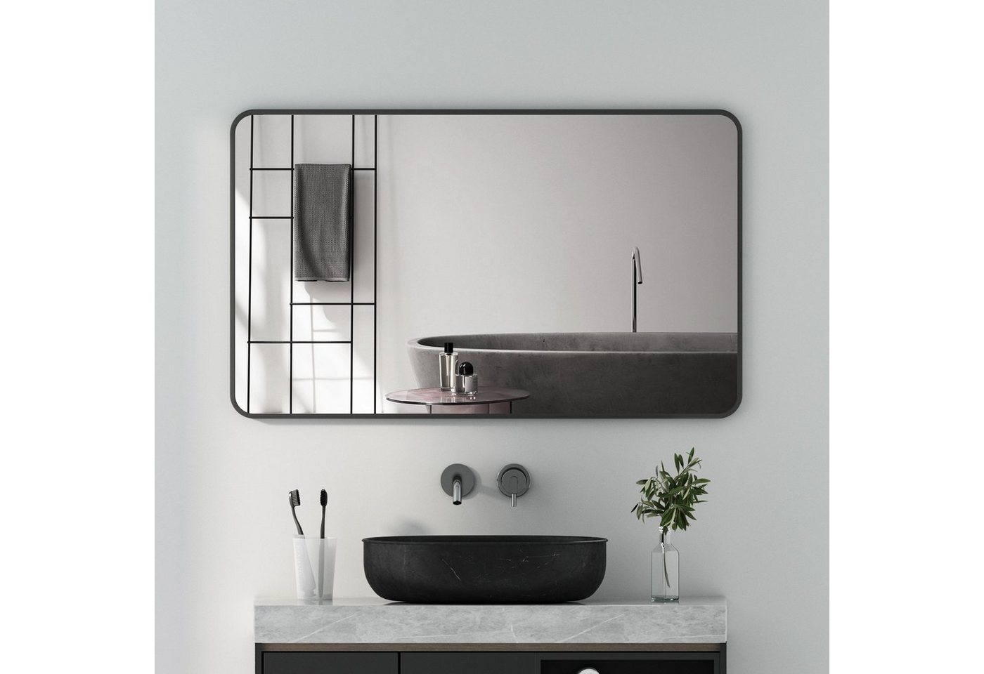 GOEZES Badspiegel ohne Beleuchtung Schwarz 100x60 Wandspiegel groß Flur (Badezimmerspiegel rechteckig, mit Alu Rahmen), hochauflösend, explosionsgeschützt von GOEZES