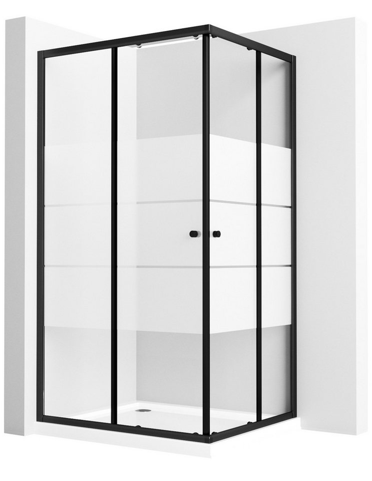 GOEZES Eckdusche 90x90 90x75 80x80 75x75 H:185cm Duschkabine Milchglas, BxT: 75x75 cm, 5mm Sicherheitsglas, Schiebetür Gestreift, Chrom Schwarz, 16 Türrollen, Alurahmen, Aluprofile, Magnetdichtleisten von GOEZES