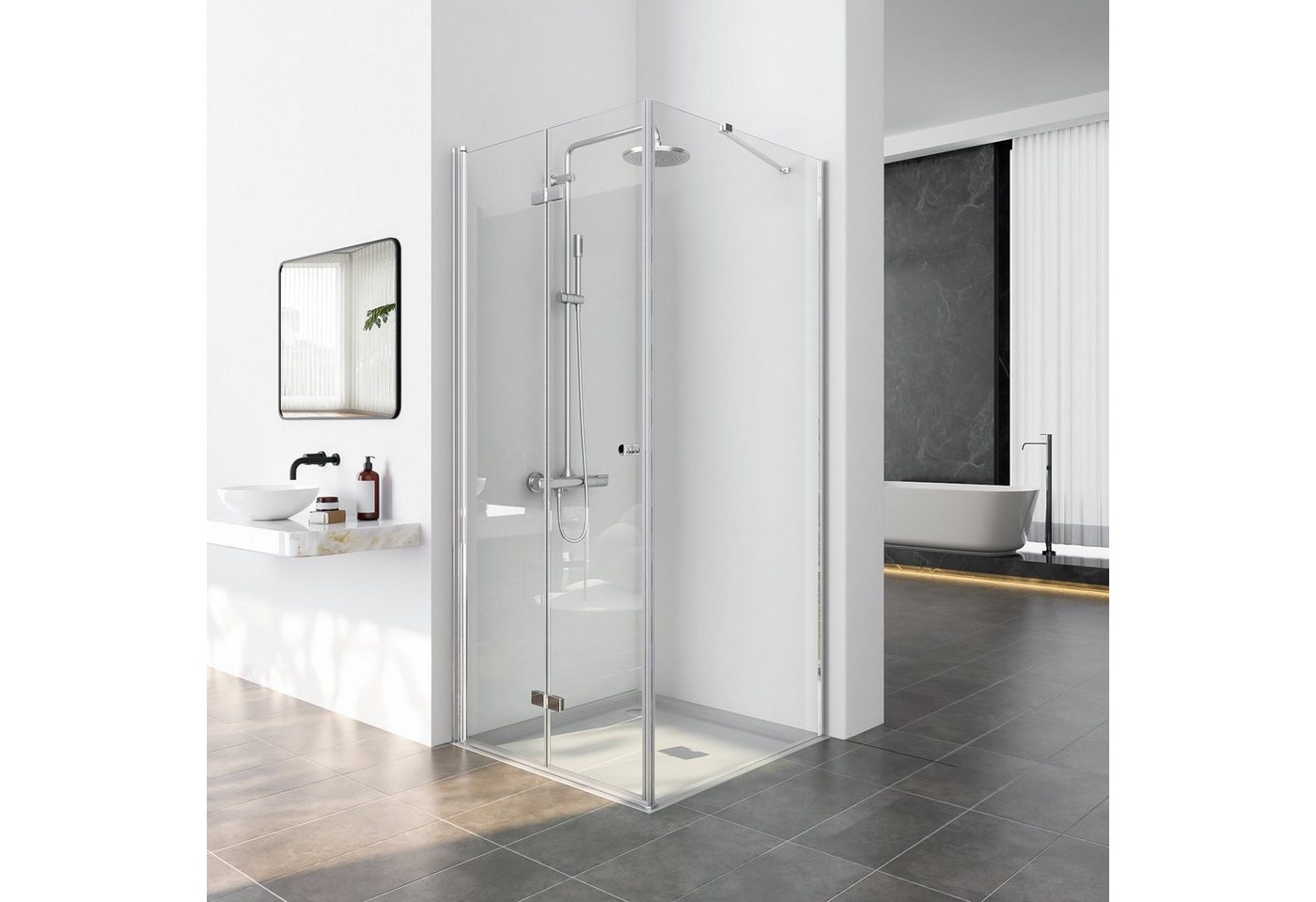 GOEZES Eckdusche Duschkabine Eckeinstieg 90x90 80x80 90x75 180º Falttür mit Seitenwand, BxT: 75x80 cm, 5mm ESG, Duschtür 75/80/90/100/120cm, mit Seitenglas 75/80/90cm, mit Alu-Bodenleiste,Aluprofile,Haltestangen von GOEZES