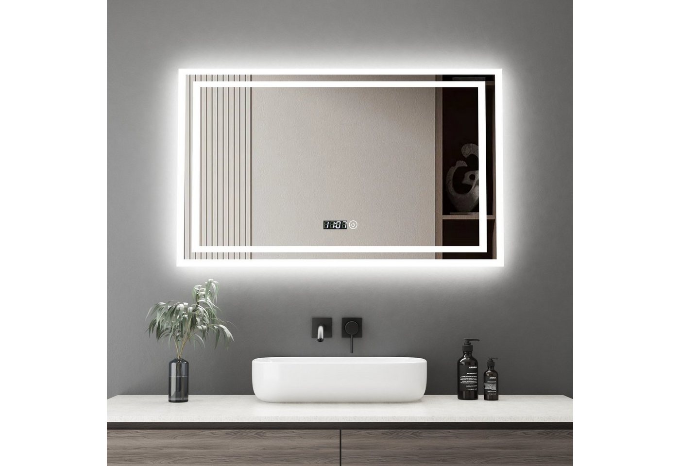 WDWRITTI LED-Lichtspiegel Badspiegel mit LED Beleuchtung 100x60cm (wasserdicht, staubdicht,Touch-Schalter mit Speicherfunktion,, Touch/Wandschalter, LED-Anzeige für 24-Stunden-Uhrzeit), 3 dimmbare Lichtfarben,Speicherfunktion,Digitaluhr von WDWRITTI