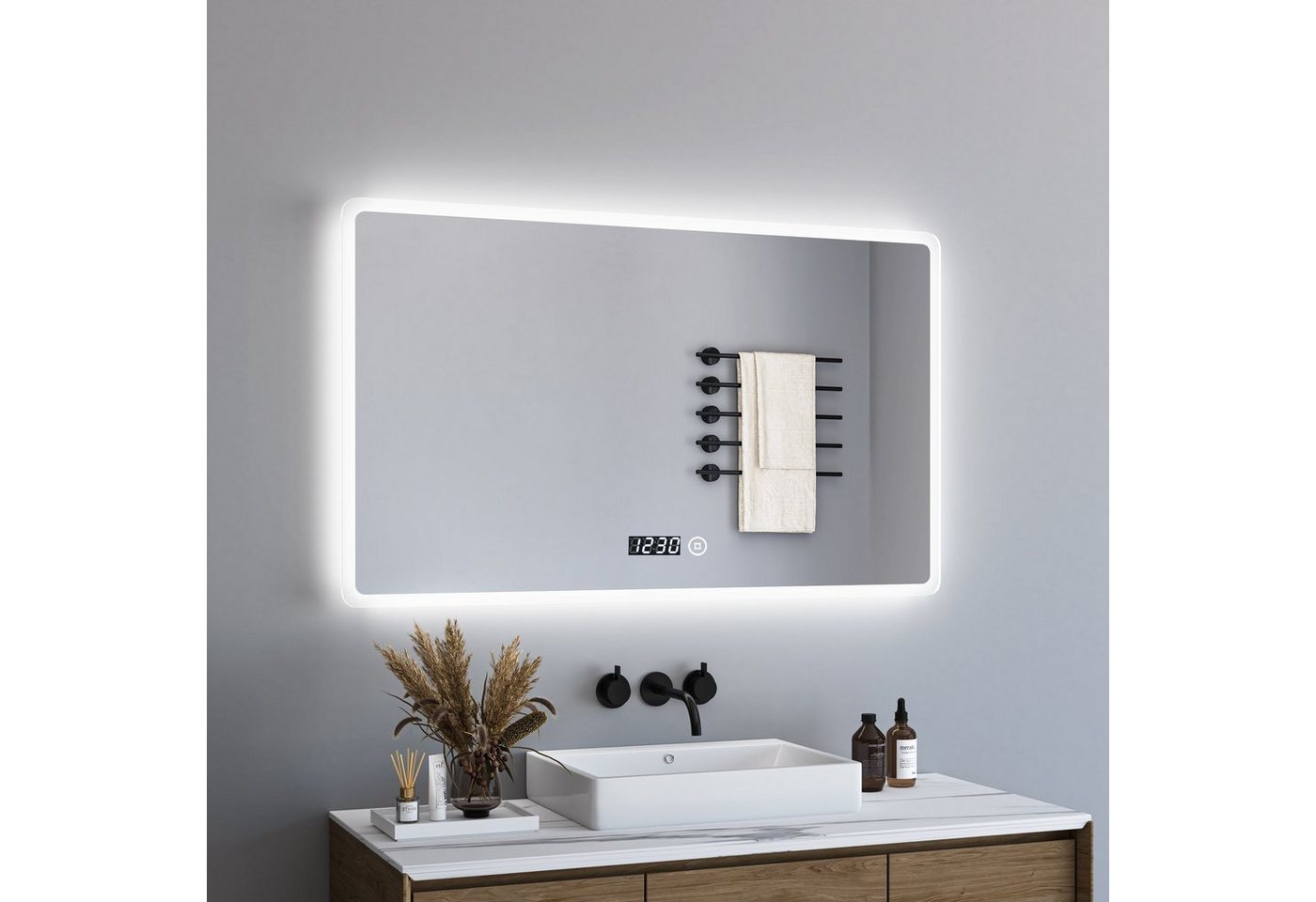 WDWRITTI Spiegel Bad Led Uhr 100x60 Badspiegel Led Touch Wandschalter (Badezimmerspiegel mit beleuchtung, 3000/4000/6500K, dimmbar Helligkeit), Speicherfunktion, energiesparender, IP44 von WDWRITTI