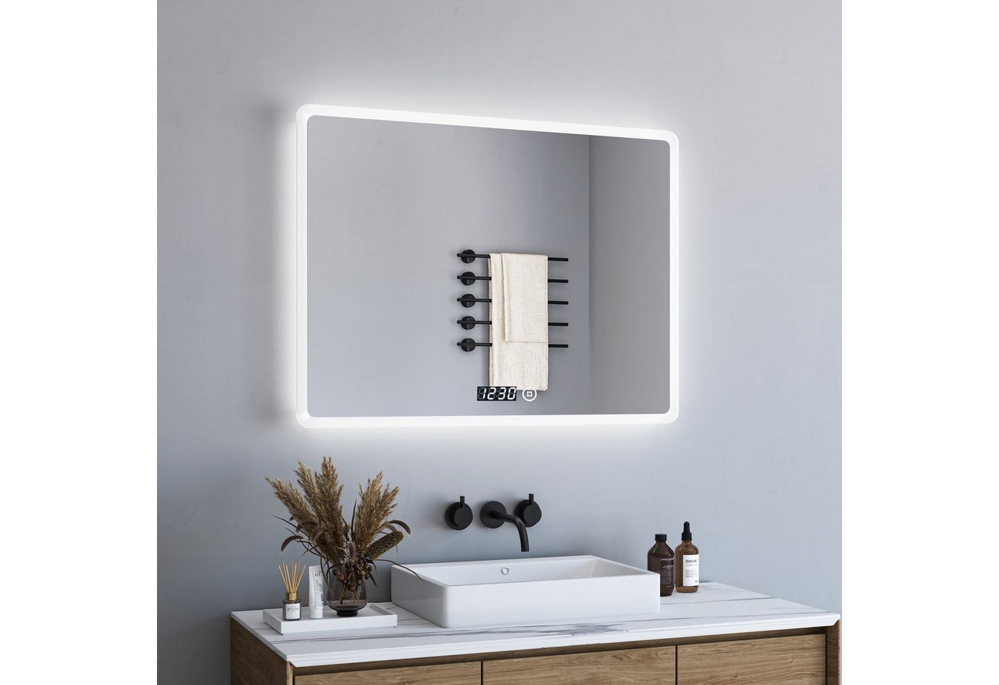 WDWRITTI Spiegel Bad Led Uhr 80x60 Badspiegel Led Touch Wandschalter (Badezimmerspiegel mit beleuchtung, 3000/4000/6500K, dimmbar Helligkeit), Speicherfunktion, energiesparender, IP44 von WDWRITTI
