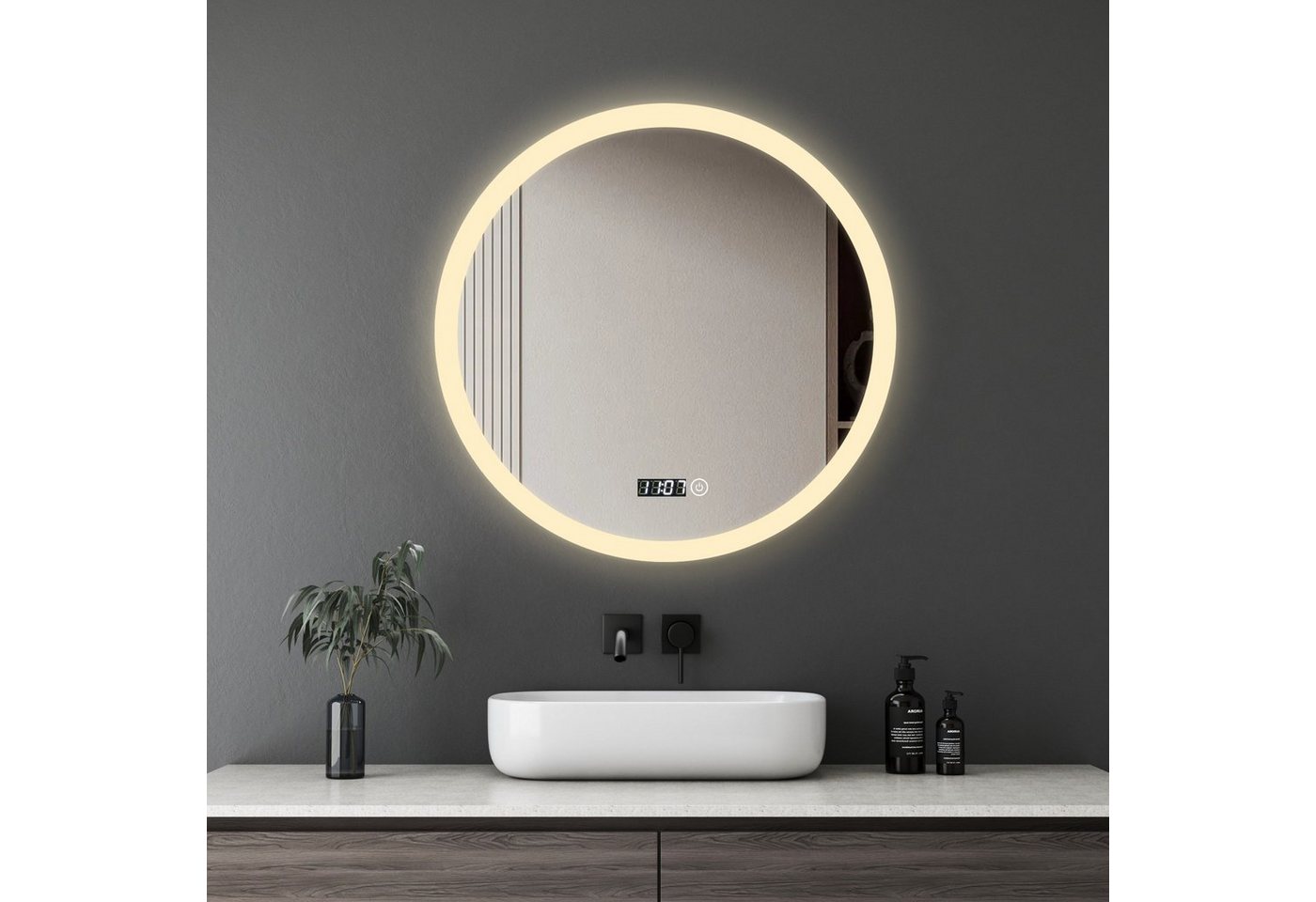WDWRITTI Spiegel Bad mit Warmweiß Beleuchtung Spiegel Rund 60 cm (Rundspiegel mit Touch Wandschalter, 3Lichtfarben, Helligkeit dimmbar), Speicherfunktion, energiesparender von WDWRITTI