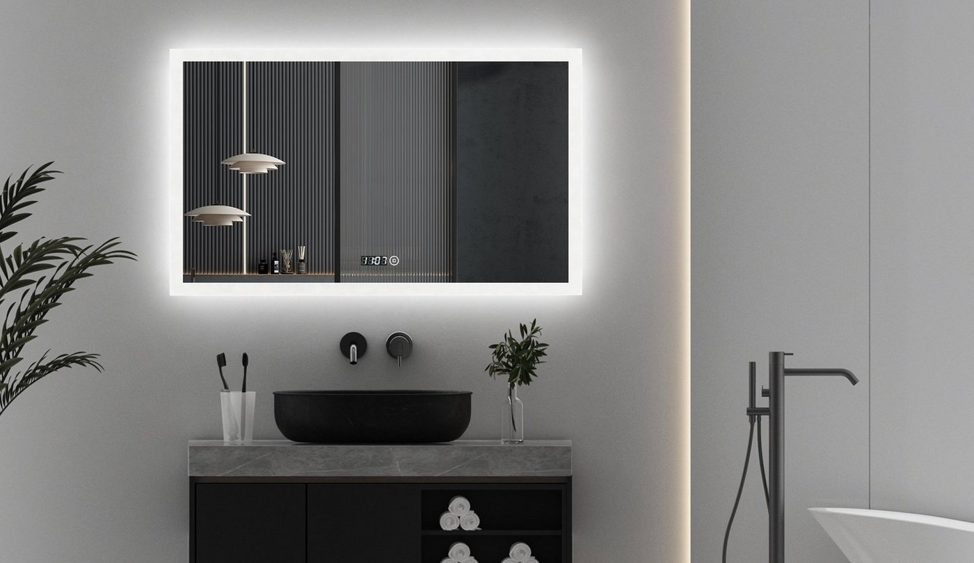WDWRITTI Spiegel Badezimmer 100x60 Uhr Touch Wandschalter Warmweiß Neutral Kaltweiß (Wandspiegel mit beleuchtung, Helligkeit dimmbar, Speicherfunktion), Energiesparender, IP44 von WDWRITTI