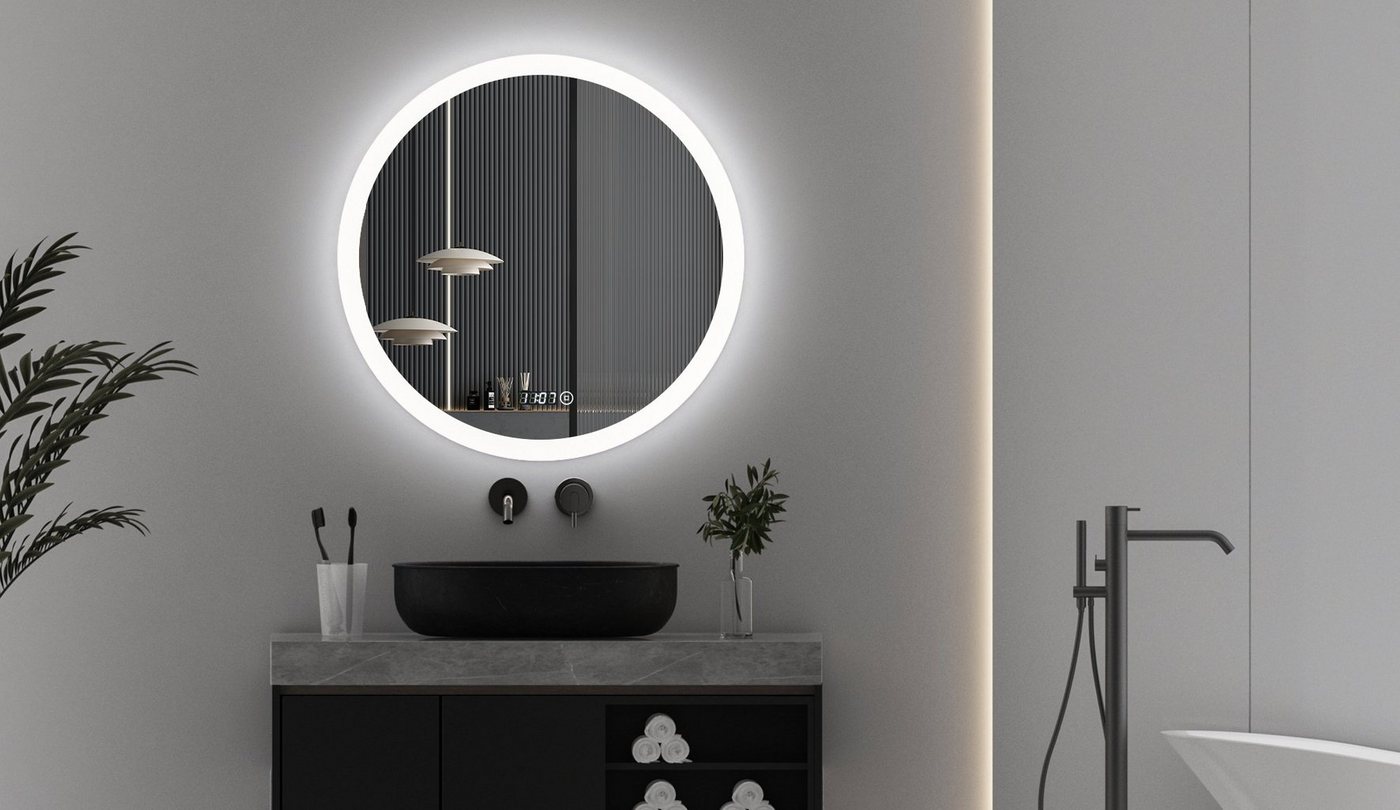 WDWRITTI Spiegel Badezimmer Badspiegel Led mit Beleuchtung Uhr Touch dimmbar (Badezimmerspiegel, Wandspiegel Rund, Wandschalter, 40-100cm, 3000-6500K), Speicherfunktion, energiesparender, IP44 von WDWRITTI