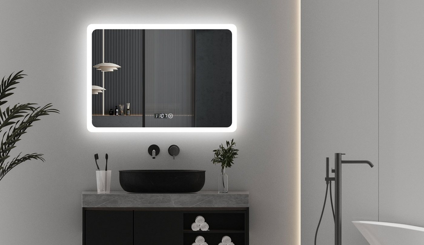WDWRITTI Spiegel Badspiegel mit beleuchtung Touch 80x60 Uhr LED Wandspiegel (3Lichtfarben, Helligkeit Dimmbar, Speicherfunktion, Touch, Wandschalter), Energiesparend, IP44 von WDWRITTI