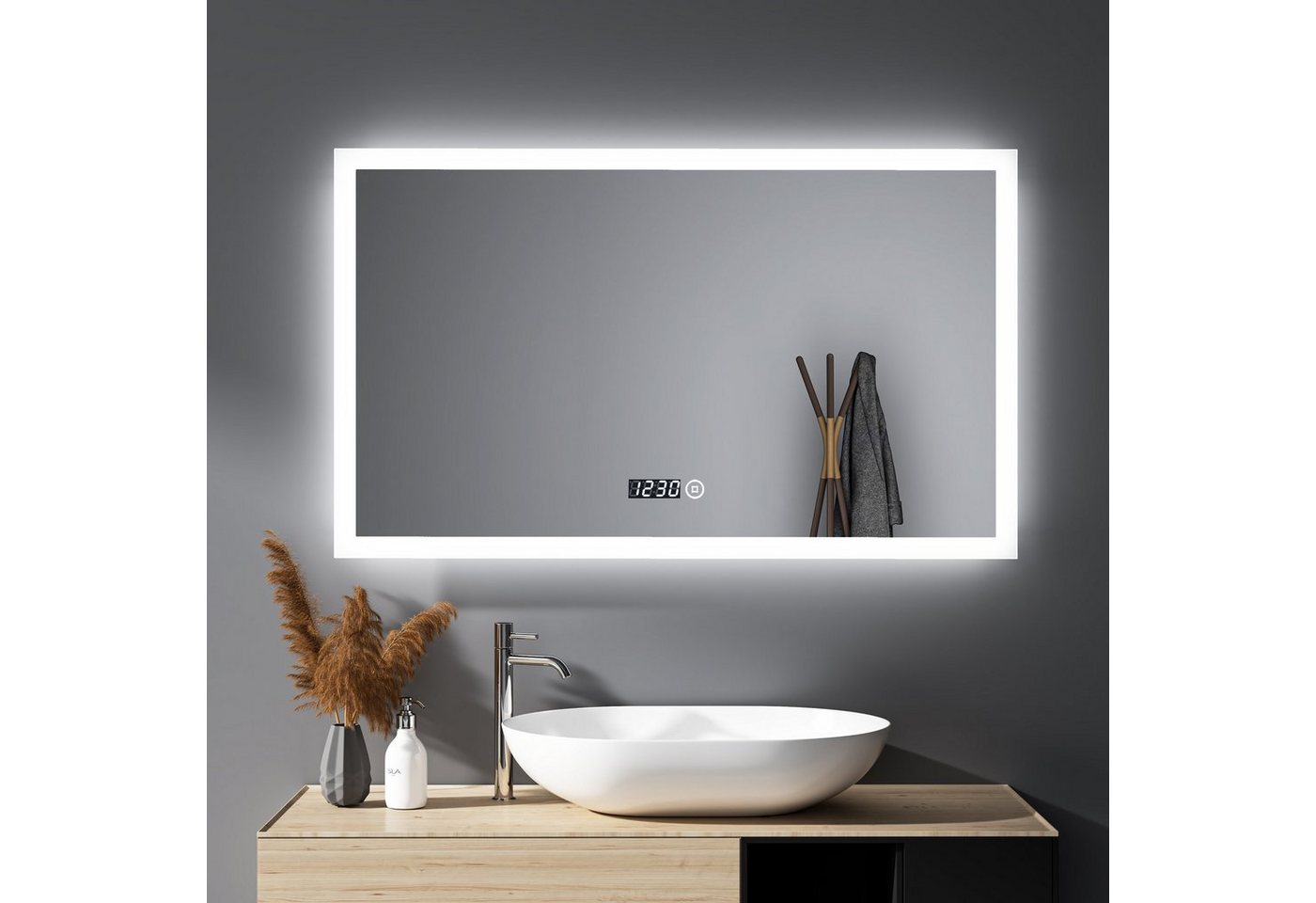 WDWRITTI Spiegel Led Badezimmer 100x60cm Badspiegel Led Touch Uhrzeit (Wandspiegel mit beleuchtung, 3000/4000/6500K, Helligkeit dimmbar), Intelligente Speicherfunktion, IP44 von WDWRITTI