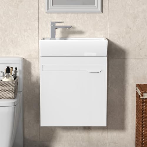 GOFEI Waschtischunterschrank 40 cm mit Waschbecken – Wandmontierte Badezimmer-Waschtischunterschrank mit Waschbecken, kompakter Waschbeckenschrank für kleine Badezimmer, vormontiert, platzsparendes von GOFEI