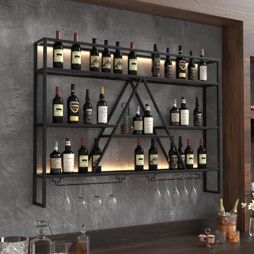 Wandmontiertes Likörregal mit LED-Lichtern und Glasregal, 120 cm Regal für Zuhause oder Gewerbe, industrielle schwarze Metallregale – stabiles S-Wanddisplay von GOFEI