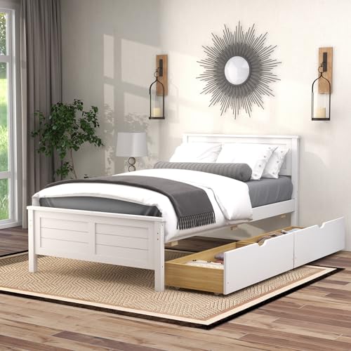 GOFLAME Doppelbett Bettgestell mit 2 Schubladen, Plattformbett mit Kopfteil und Fußteil aus Massivholz, Holzlatten Stützmatratze Fundament, Stauraum unter dem Bett, kein Boxspring erforderlich GOFLAME Doppelbett Bettgestell mit 2 Schubladen, Plattformbett mit Kopfteil und Fußteil aus Massivholz, Holzlatten Stützmatratze Fundament, Stauraum unter dem Bett, kein Boxspring erforderlich von GOFLAME