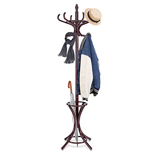 GOFLAME Garderobenständer aus Holz, freistehend, 185,4 cm, mit 12 Haken und Schirmständer, für den Eingangsbereich, für Hüte, Kleidung, Handtaschen (braun) von GOFLAME